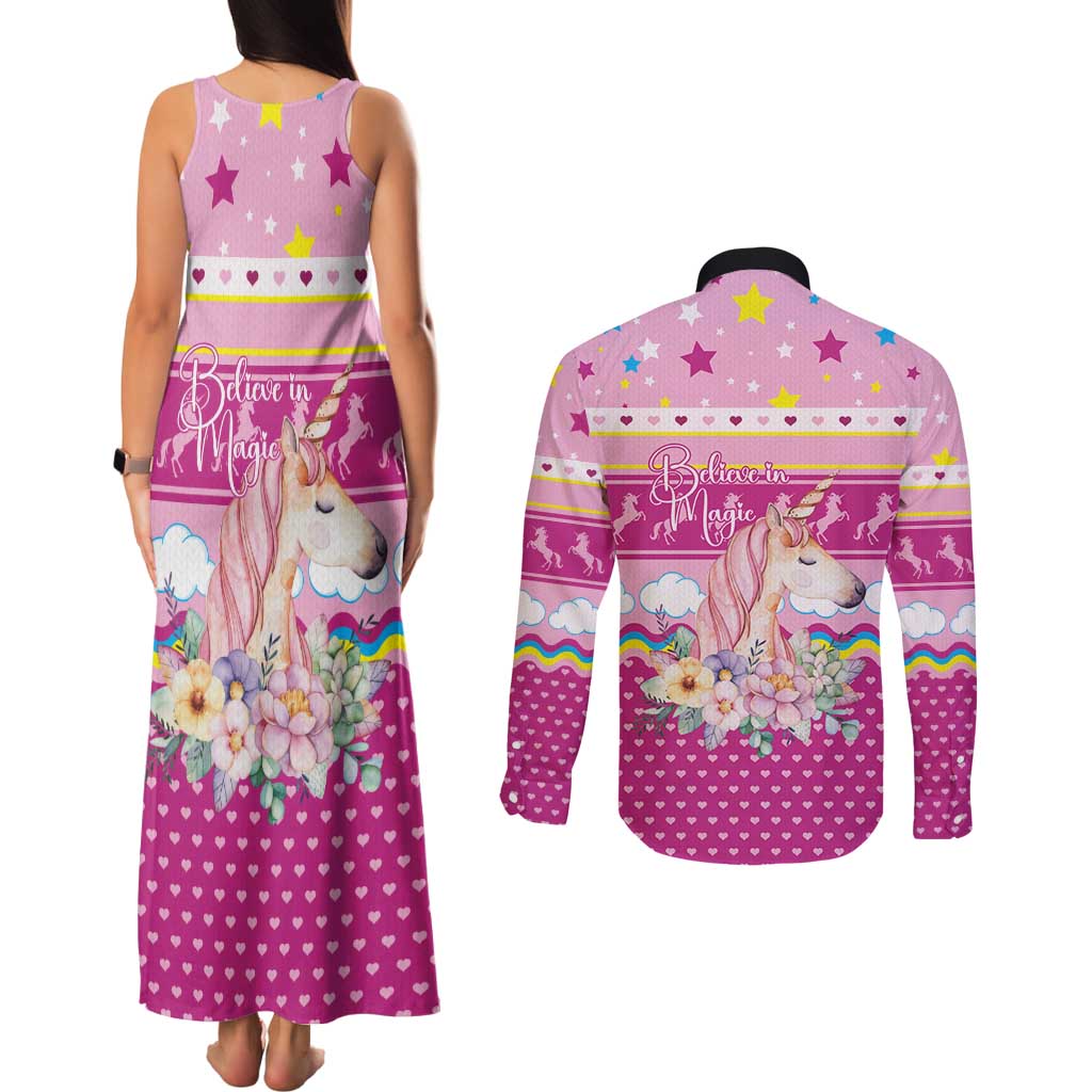Unicorn Believe In Magic Christmas Couples Matching Tank Maxi Dress and Long Sleeve Button Shirt with Believe in Magic Quote Pink Hearts Stars and Rainbow - Wonder Print Shop