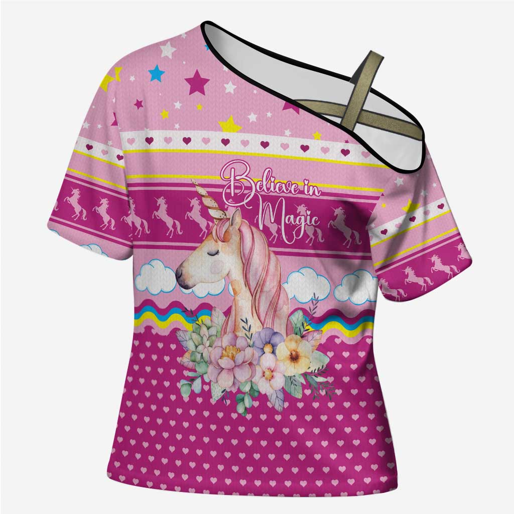 Unicorn Believe In Magic Christmas Cross Shoulder Shirt with Believe in Magic Quote Pink Hearts Stars and Rainbow - Wonder Print Shop