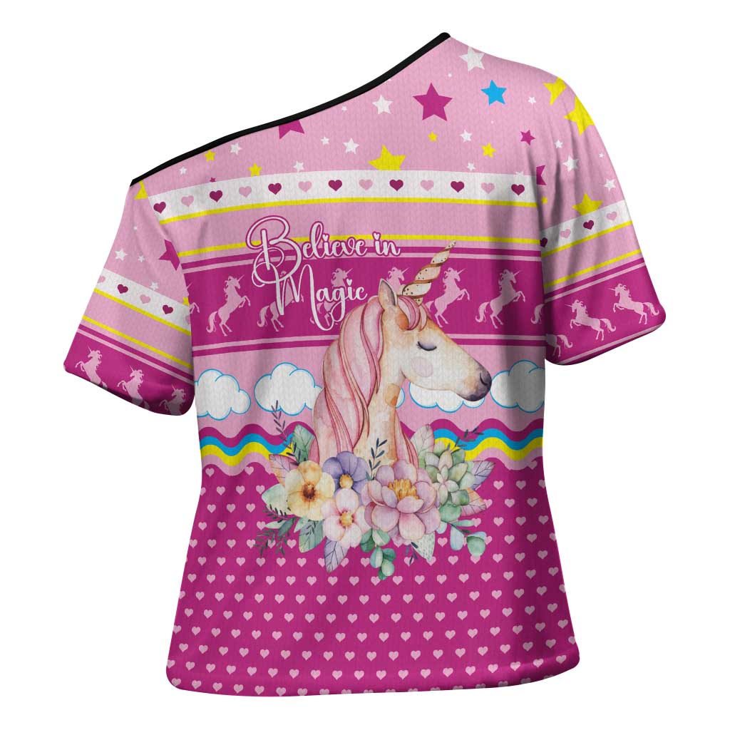 Unicorn Believe In Magic Christmas Cross Shoulder Shirt with Believe in Magic Quote Pink Hearts Stars and Rainbow - Wonder Print Shop