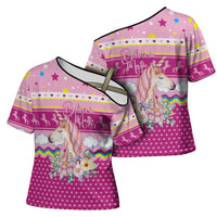 Unicorn Believe In Magic Christmas Cross Shoulder Shirt with Believe in Magic Quote Pink Hearts Stars and Rainbow - Wonder Print Shop