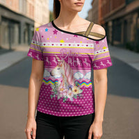 Unicorn Believe In Magic Christmas Cross Shoulder Shirt with Believe in Magic Quote Pink Hearts Stars and Rainbow - Wonder Print Shop