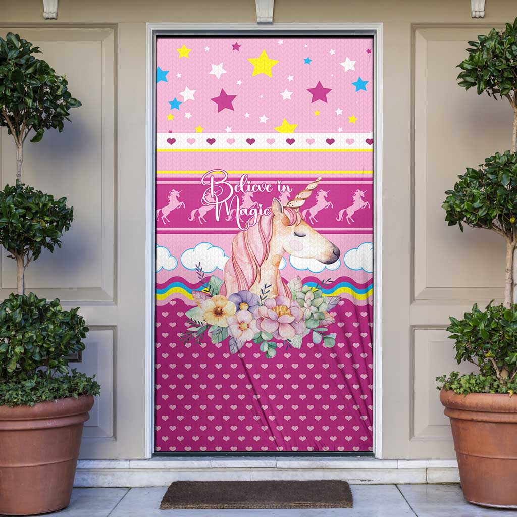 Unicorn Believe In Magic Christmas Door Cover with Believe in Magic Quote Pink Hearts Stars and Rainbow - Wonder Print Shop
