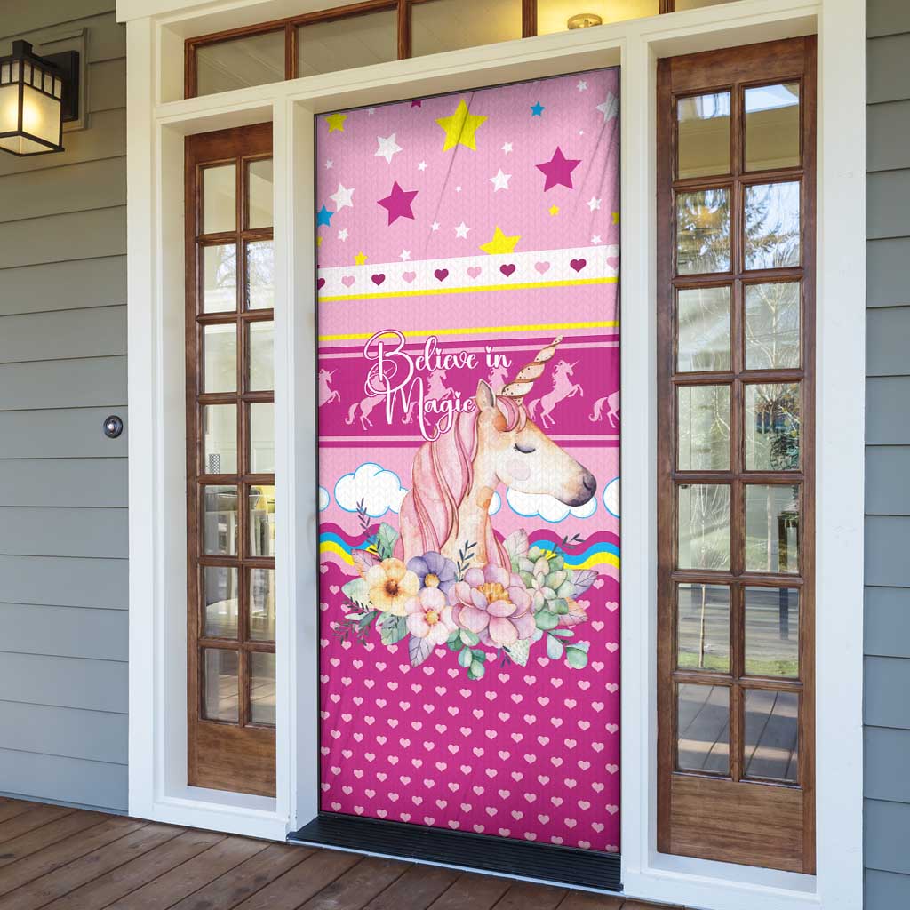 Unicorn Believe In Magic Christmas Door Cover with Believe in Magic Quote Pink Hearts Stars and Rainbow - Wonder Print Shop