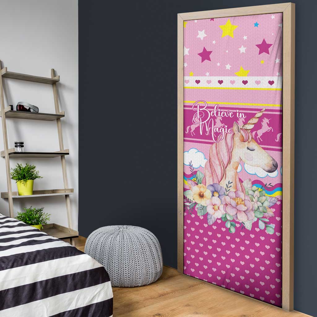Unicorn Believe In Magic Christmas Door Cover with Believe in Magic Quote Pink Hearts Stars and Rainbow - Wonder Print Shop
