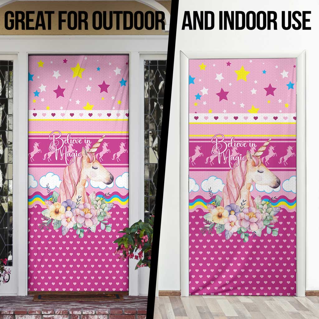 Unicorn Believe In Magic Christmas Door Cover with Believe in Magic Quote Pink Hearts Stars and Rainbow - Wonder Print Shop