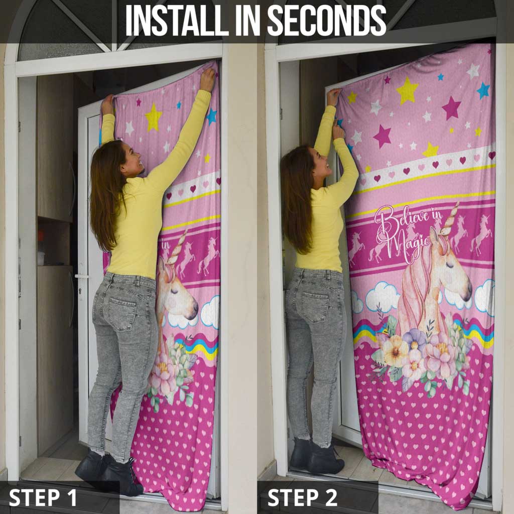 Unicorn Believe In Magic Christmas Door Cover with Believe in Magic Quote Pink Hearts Stars and Rainbow - Wonder Print Shop
