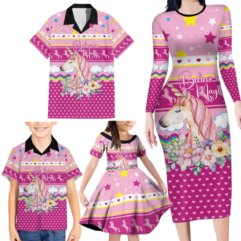 Unicorn Believe In Magic Christmas Family Matching Long Sleeve Bodycon Dress and Hawaiian Shirt with Believe in Magic Quote Pink Hearts Stars and Rainbow - Wonder Print Shop