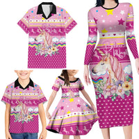 Unicorn Believe In Magic Christmas Family Matching Long Sleeve Bodycon Dress and Hawaiian Shirt with Believe in Magic Quote Pink Hearts Stars and Rainbow - Wonder Print Shop