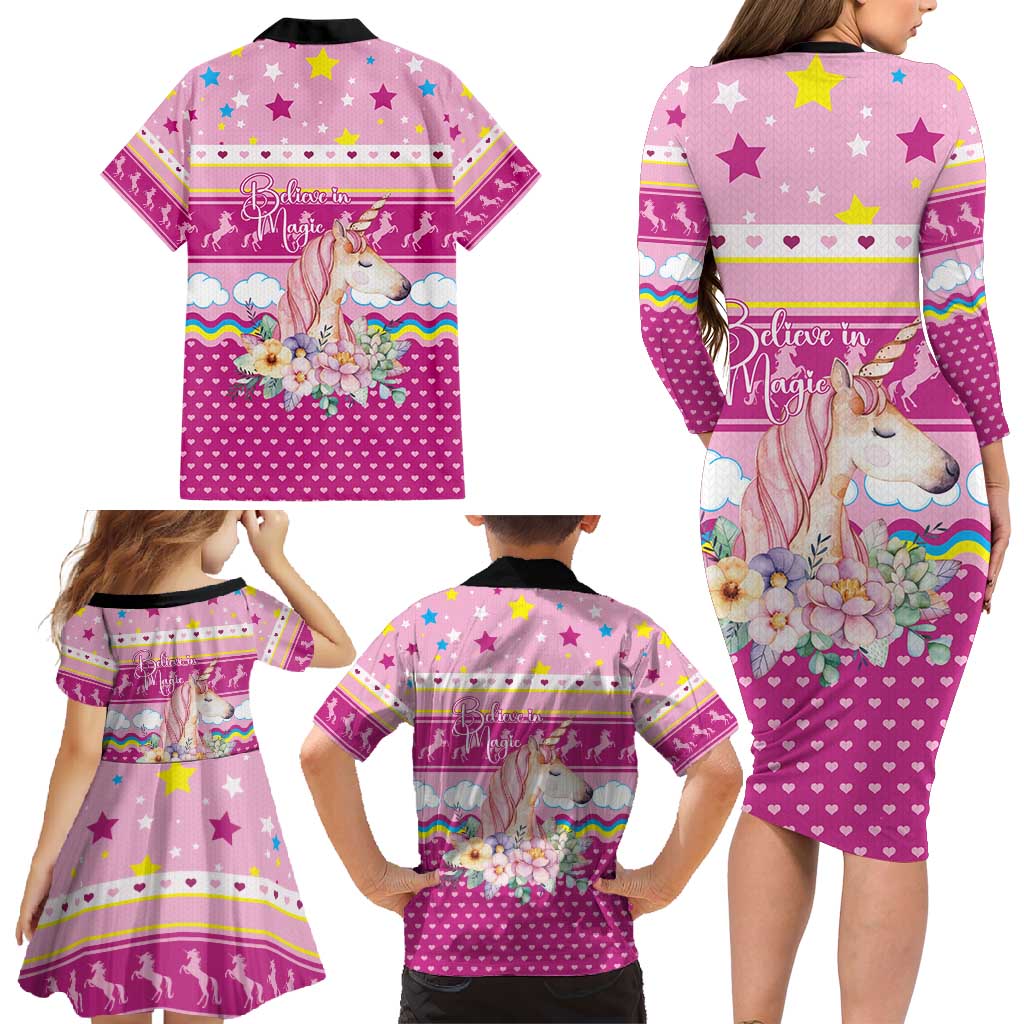 Unicorn Believe In Magic Christmas Family Matching Long Sleeve Bodycon Dress and Hawaiian Shirt with Believe in Magic Quote Pink Hearts Stars and Rainbow - Wonder Print Shop