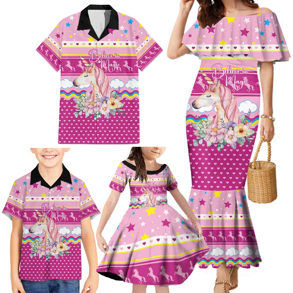 Unicorn Believe In Magic Christmas Family Matching Mermaid Dress and Hawaiian Shirt with Believe in Magic Quote Pink Hearts Stars and Rainbow - Wonder Print Shop