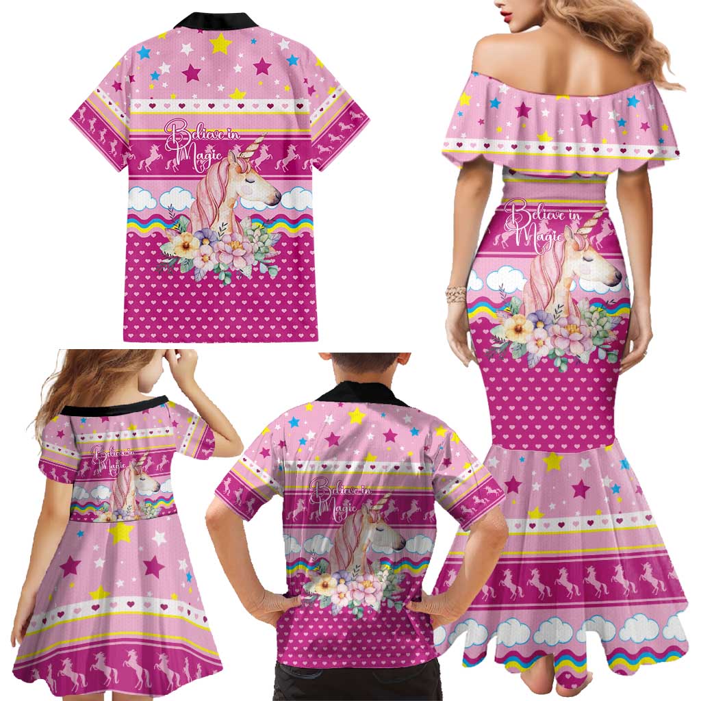 Unicorn Believe In Magic Christmas Family Matching Mermaid Dress and Hawaiian Shirt with Believe in Magic Quote Pink Hearts Stars and Rainbow - Wonder Print Shop