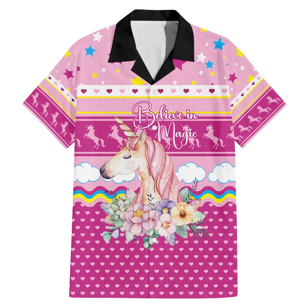 Unicorn Believe In Magic Christmas Family Matching Mermaid Dress and Hawaiian Shirt with Believe in Magic Quote Pink Hearts Stars and Rainbow - Wonder Print Shop