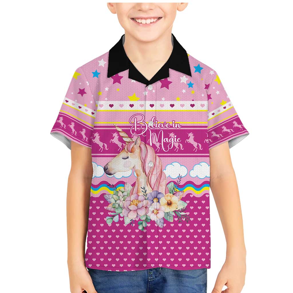 Unicorn Believe In Magic Christmas Family Matching Mermaid Dress and Hawaiian Shirt with Believe in Magic Quote Pink Hearts Stars and Rainbow - Wonder Print Shop