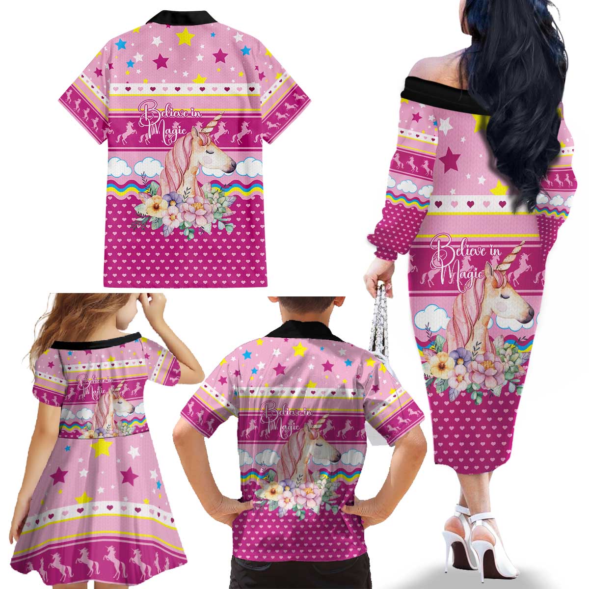 Unicorn Believe In Magic Christmas Family Matching Off The Shoulder Long Sleeve Dress and Hawaiian Shirt with Believe in Magic Quote Pink Hearts Stars and Rainbow - Wonder Print Shop