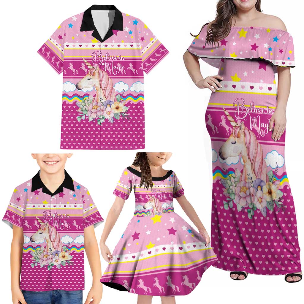 Unicorn Believe In Magic Christmas Family Matching Off Shoulder Maxi Dress and Hawaiian Shirt with Believe in Magic Quote Pink Hearts Stars and Rainbow - Wonder Print Shop
