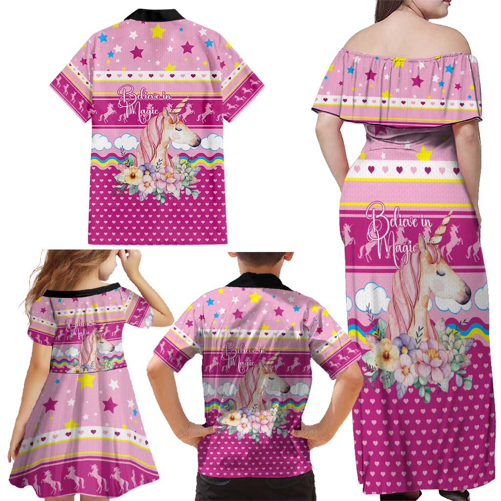 Unicorn Believe In Magic Christmas Family Matching Off Shoulder Maxi Dress and Hawaiian Shirt with Believe in Magic Quote Pink Hearts Stars and Rainbow - Wonder Print Shop