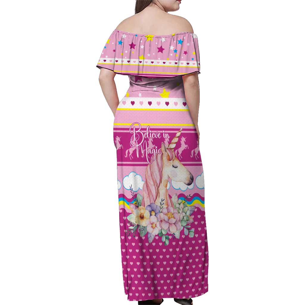 Unicorn Believe In Magic Christmas Family Matching Off Shoulder Maxi Dress and Hawaiian Shirt with Believe in Magic Quote Pink Hearts Stars and Rainbow - Wonder Print Shop