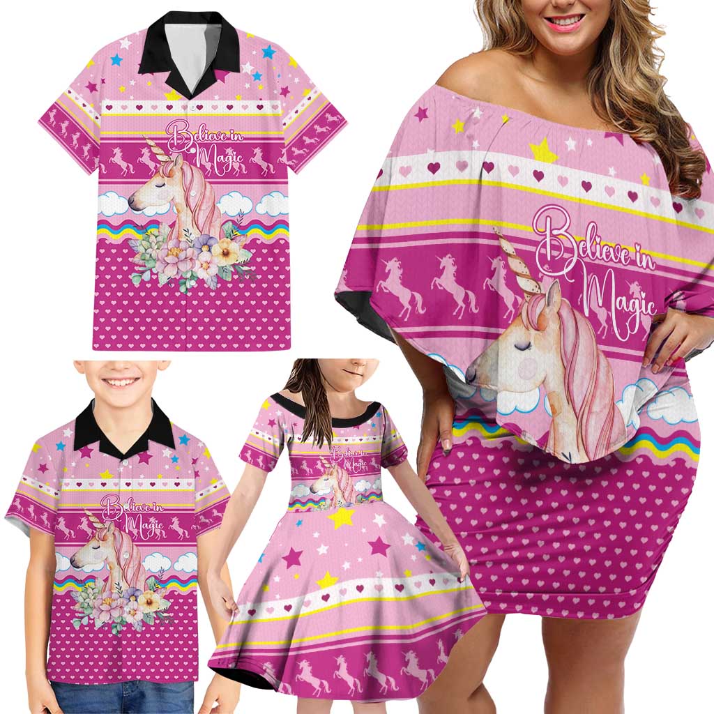 Unicorn Believe In Magic Christmas Family Matching Off Shoulder Short Dress and Hawaiian Shirt with Believe in Magic Quote Pink Hearts Stars and Rainbow - Wonder Print Shop