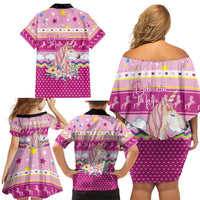 Unicorn Believe In Magic Christmas Family Matching Off Shoulder Short Dress and Hawaiian Shirt with Believe in Magic Quote Pink Hearts Stars and Rainbow - Wonder Print Shop