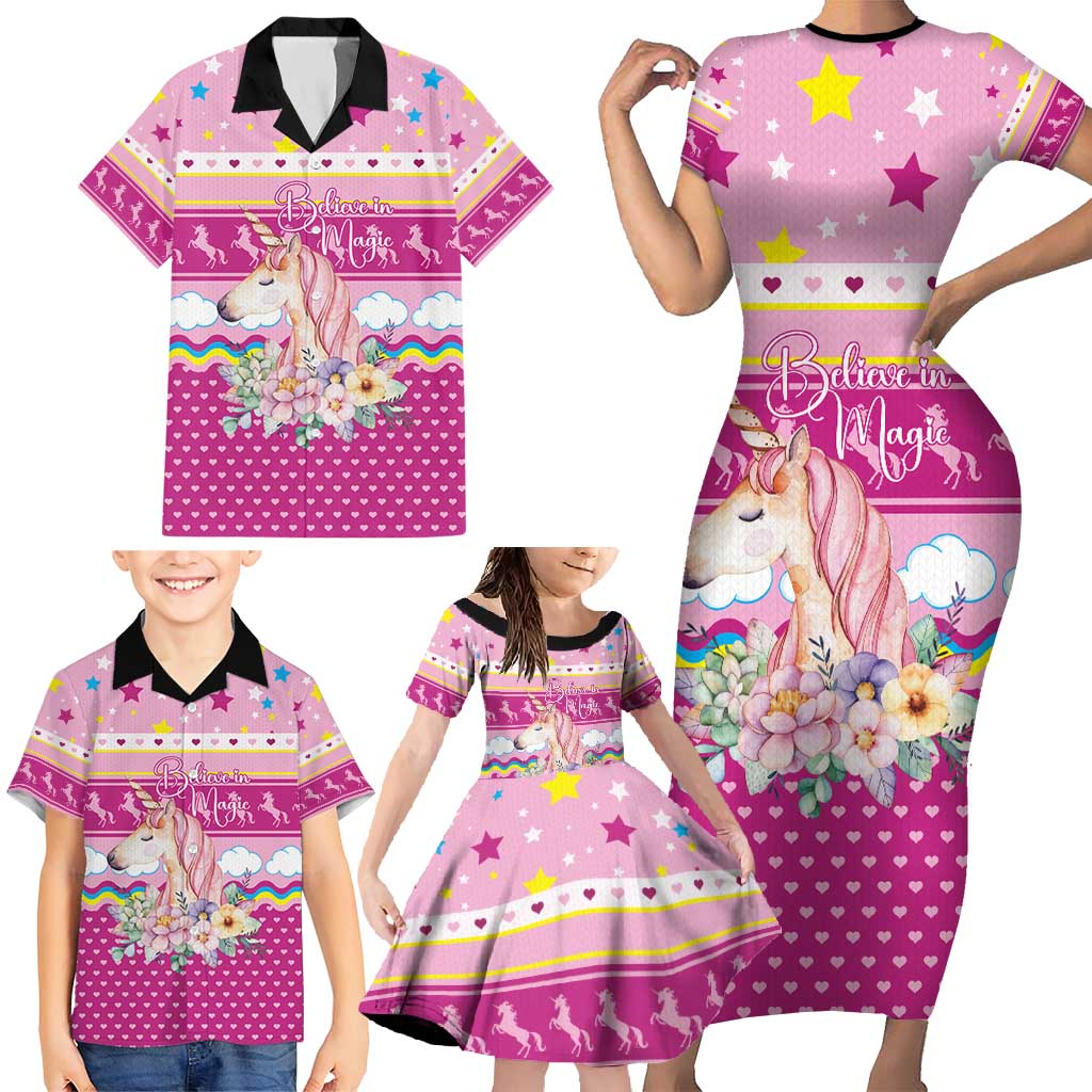 Unicorn Believe In Magic Christmas Family Matching Short Sleeve Bodycon Dress and Hawaiian Shirt with Believe in Magic Quote Pink Hearts Stars and Rainbow - Wonder Print Shop