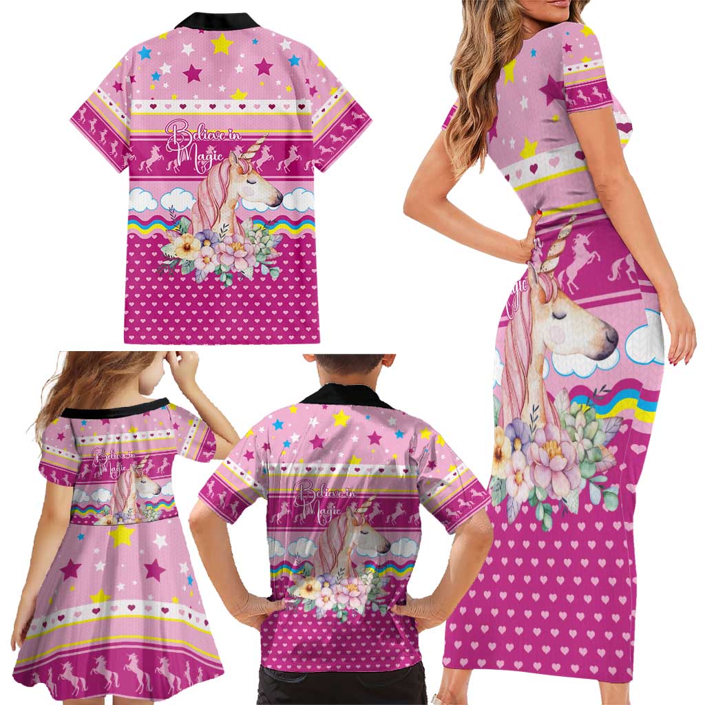 Unicorn Believe In Magic Christmas Family Matching Short Sleeve Bodycon Dress and Hawaiian Shirt with Believe in Magic Quote Pink Hearts Stars and Rainbow - Wonder Print Shop