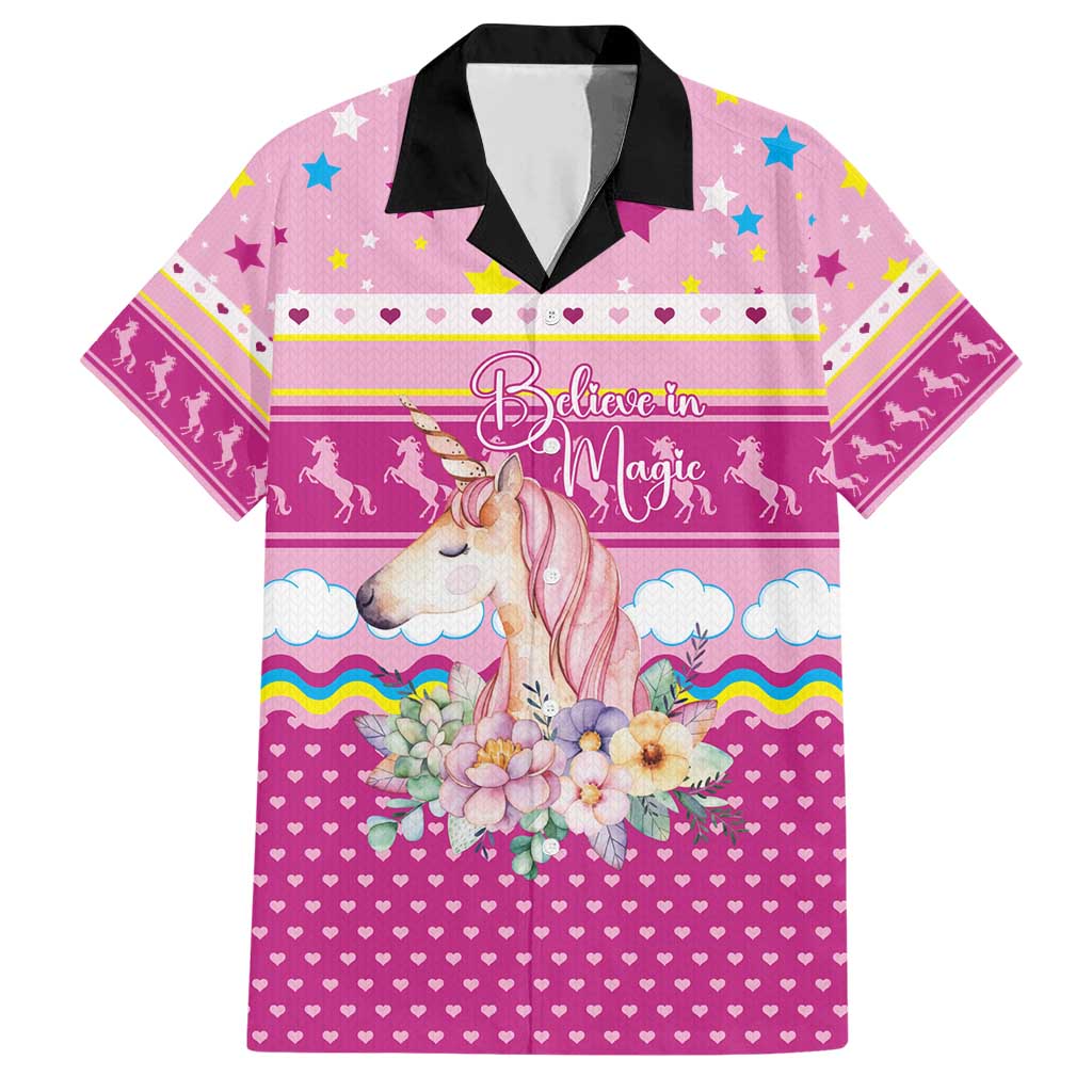 Unicorn Believe In Magic Christmas Family Matching Short Sleeve Bodycon Dress and Hawaiian Shirt with Believe in Magic Quote Pink Hearts Stars and Rainbow - Wonder Print Shop
