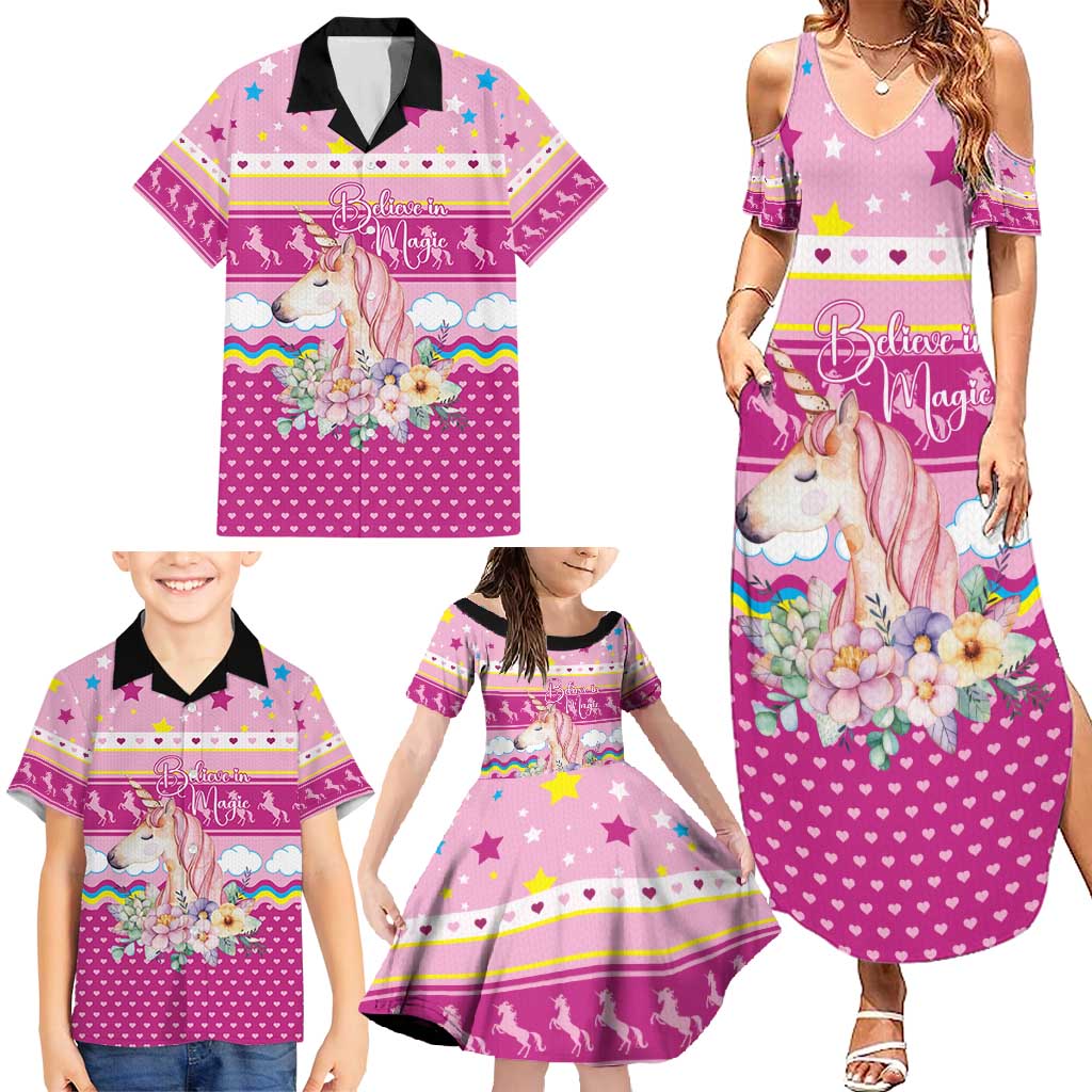 Unicorn Believe In Magic Christmas Family Matching Summer Maxi Dress and Hawaiian Shirt with Believe in Magic Quote Pink Hearts Stars and Rainbow - Wonder Print Shop