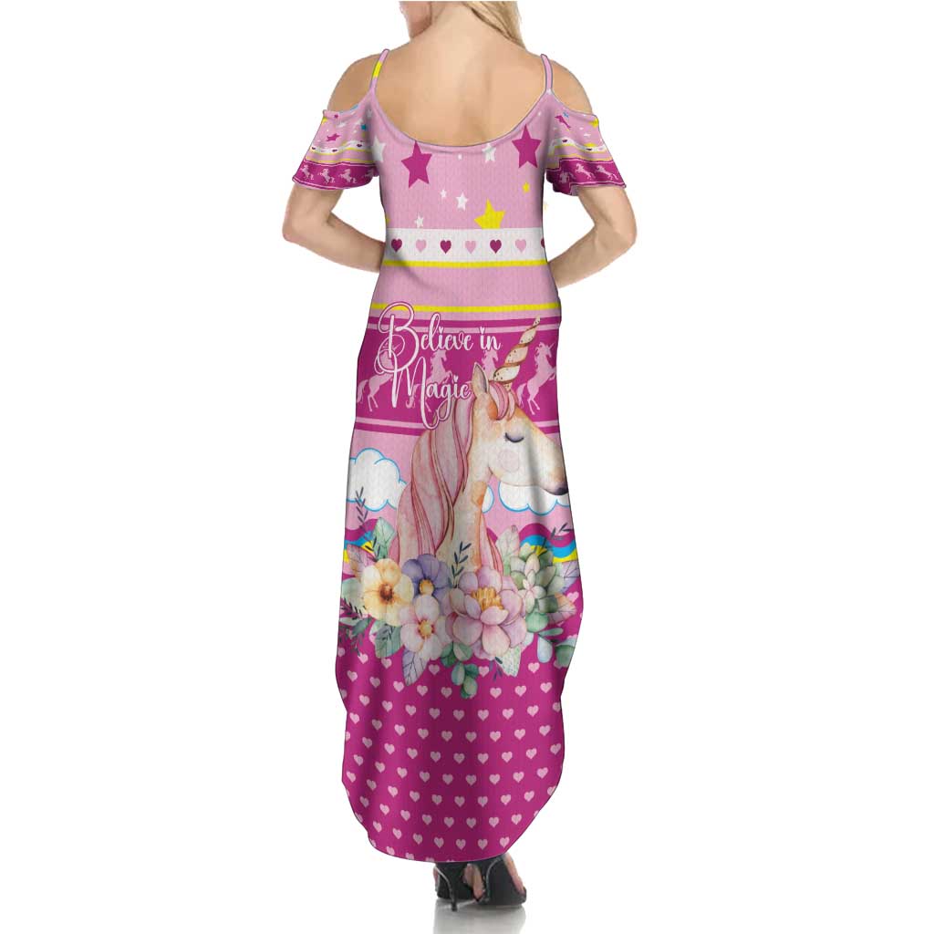 Unicorn Believe In Magic Christmas Family Matching Summer Maxi Dress and Hawaiian Shirt with Believe in Magic Quote Pink Hearts Stars and Rainbow - Wonder Print Shop