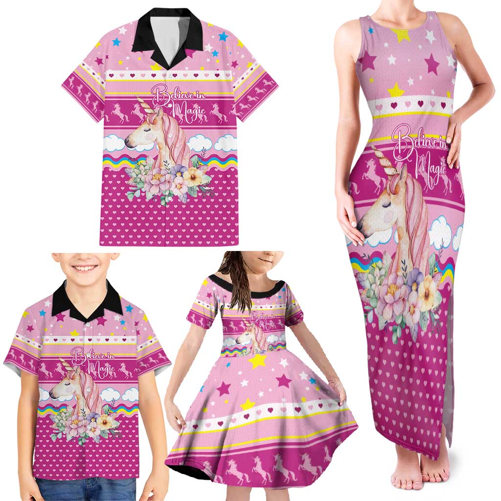 Unicorn Believe In Magic Christmas Family Matching Tank Maxi Dress and Hawaiian Shirt with Believe in Magic Quote Pink Hearts Stars and Rainbow - Wonder Print Shop