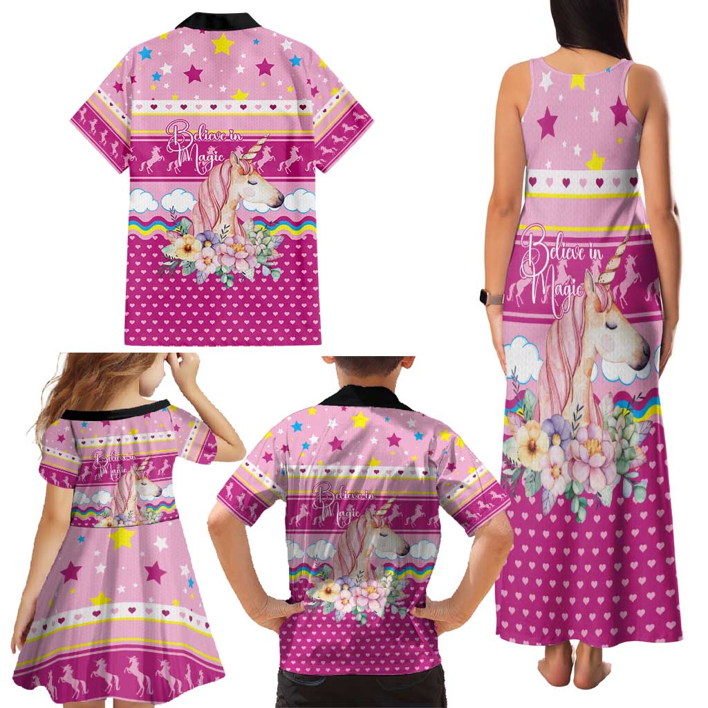 Unicorn Believe In Magic Christmas Family Matching Tank Maxi Dress and Hawaiian Shirt with Believe in Magic Quote Pink Hearts Stars and Rainbow - Wonder Print Shop