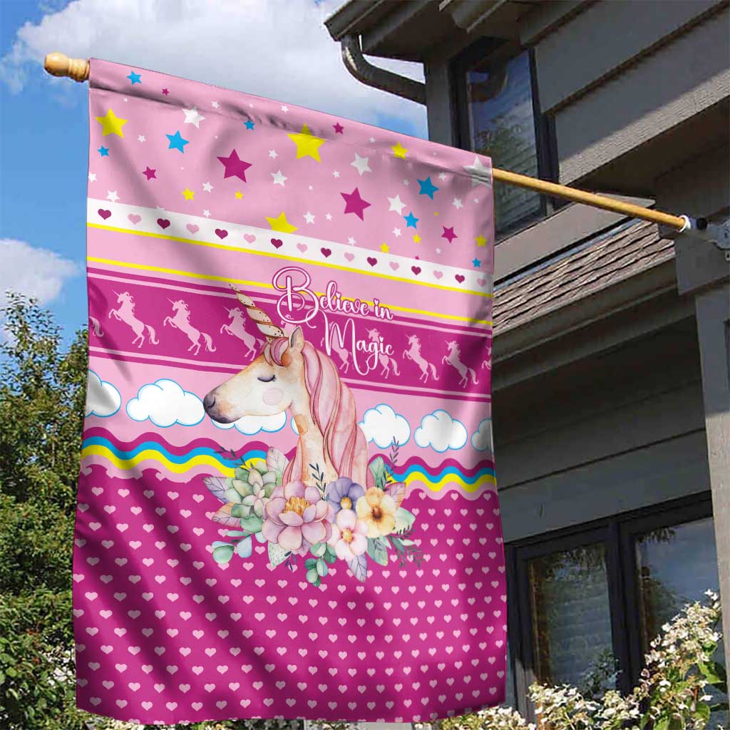 Unicorn Believe In Magic Christmas Garden Flag with Believe in Magic Quote Pink Hearts Stars and Rainbow - Wonder Print Shop