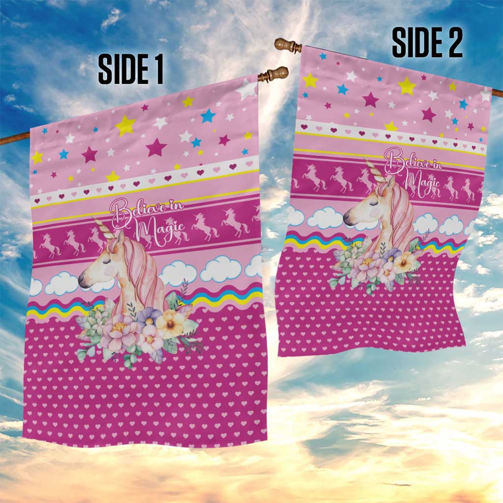 Unicorn Believe In Magic Christmas Garden Flag with Believe in Magic Quote Pink Hearts Stars and Rainbow - Wonder Print Shop