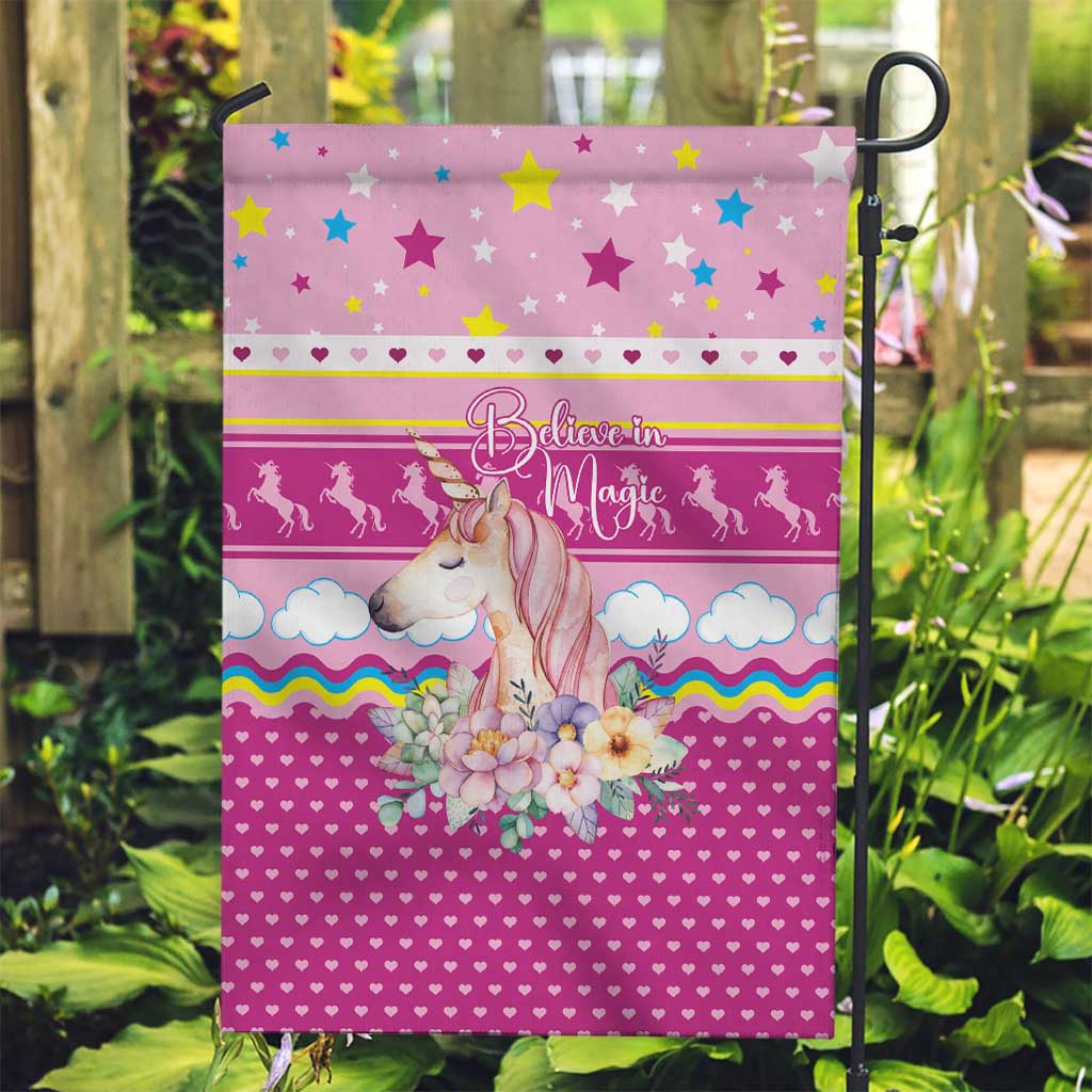 Unicorn Believe In Magic Christmas Garden Flag with Believe in Magic Quote Pink Hearts Stars and Rainbow - Wonder Print Shop