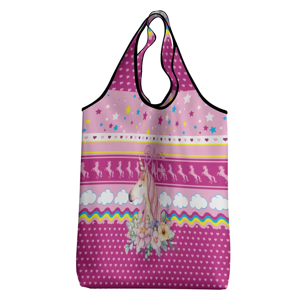 Unicorn Believe In Magic Christmas Grocery Bag with Believe in Magic Quote Pink Hearts Stars and Rainbow - Wonder Print Shop
