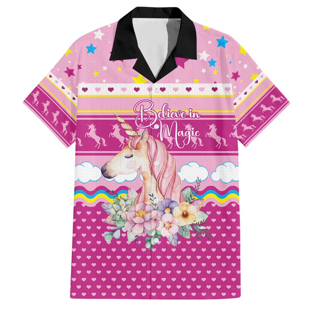 Unicorn Believe In Magic Christmas Hawaiian Shirt with Believe in Magic Quote Pink Hearts Stars and Rainbow - Wonder Print Shop