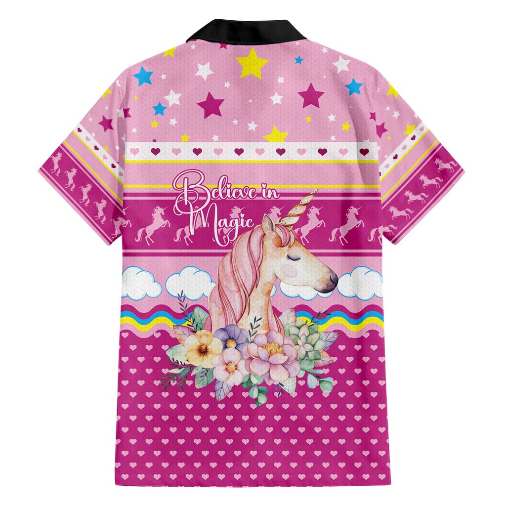 Unicorn Believe In Magic Christmas Hawaiian Shirt with Believe in Magic Quote Pink Hearts Stars and Rainbow - Wonder Print Shop