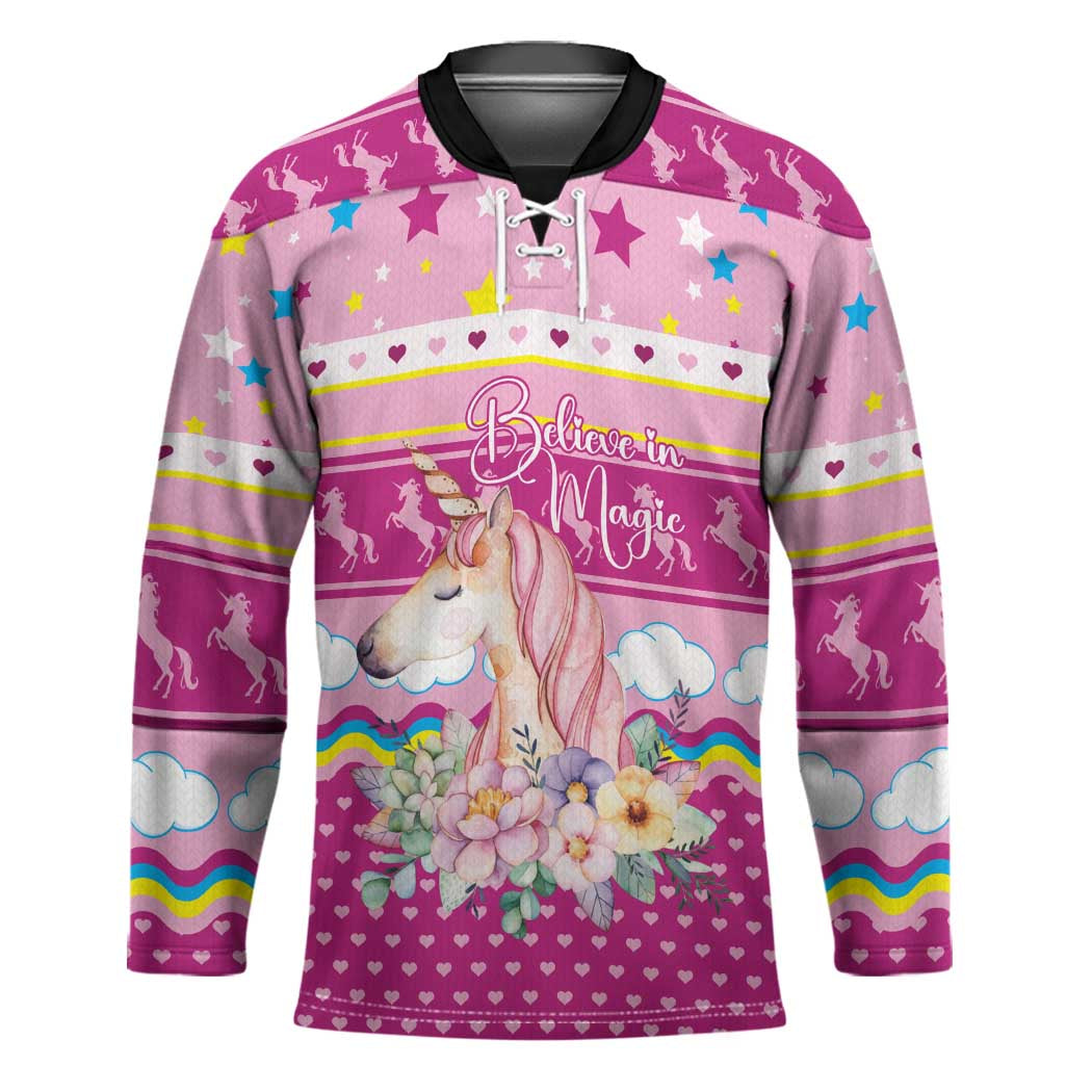 Unicorn Believe In Magic Christmas Hockey Jersey with Believe in Magic Quote Pink Hearts Stars and Rainbow - Wonder Print Shop