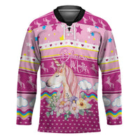 Unicorn Believe In Magic Christmas Hockey Jersey with Believe in Magic Quote Pink Hearts Stars and Rainbow - Wonder Print Shop