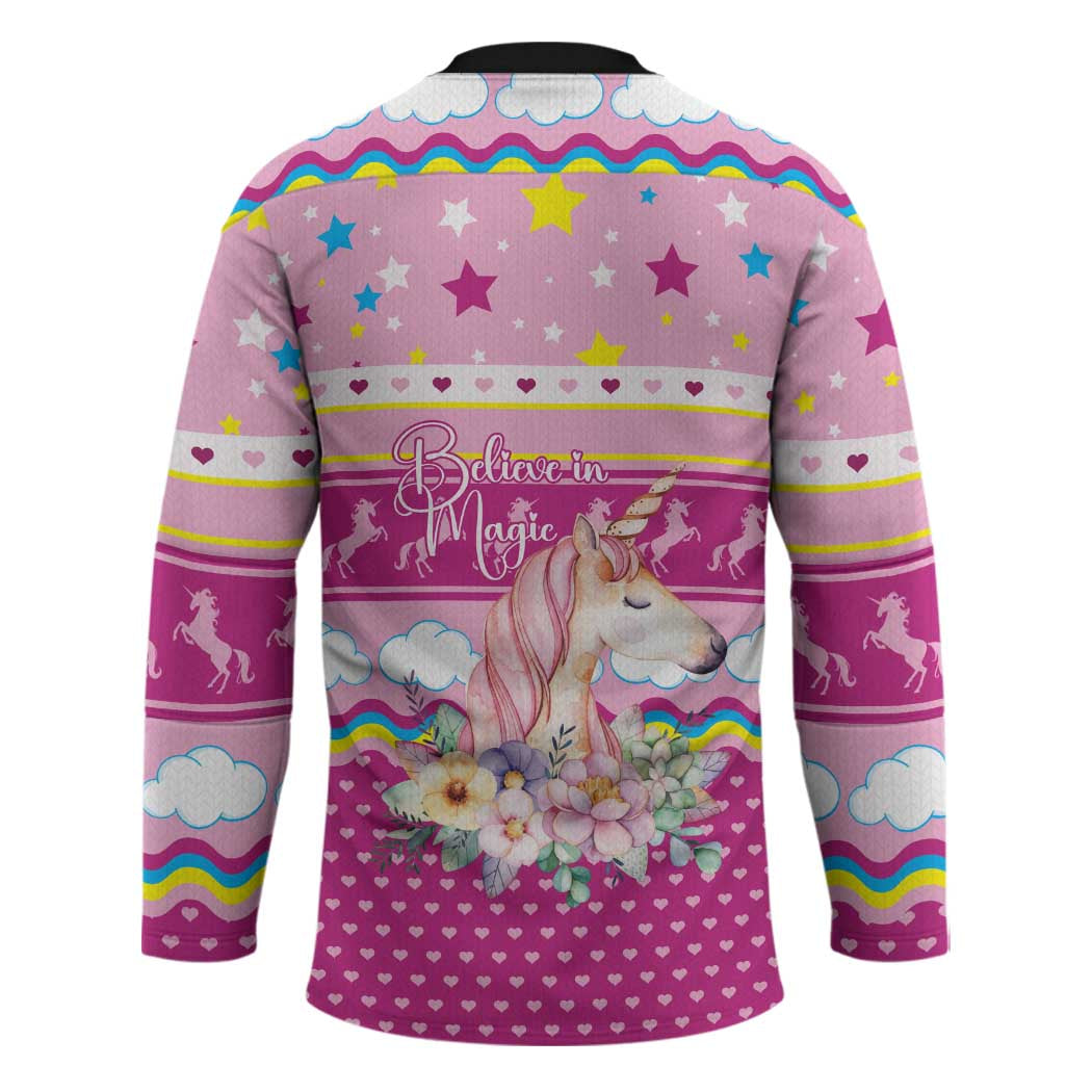 Unicorn Believe In Magic Christmas Hockey Jersey with Believe in Magic Quote Pink Hearts Stars and Rainbow - Wonder Print Shop