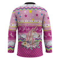Unicorn Believe In Magic Christmas Hockey Jersey with Believe in Magic Quote Pink Hearts Stars and Rainbow - Wonder Print Shop