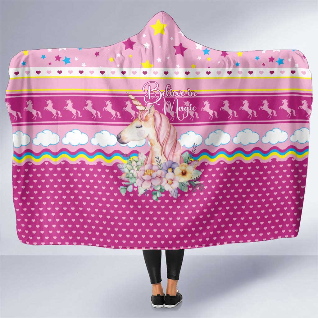 Unicorn Believe In Magic Christmas Hooded Blanket with Believe in Magic Quote Pink Hearts Stars and Rainbow - Wonder Print Shop