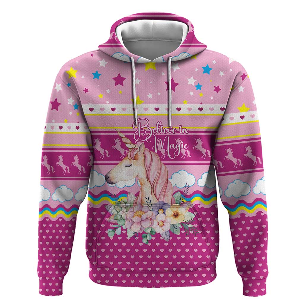 Unicorn Believe In Magic Christmas Hoodie with Believe in Magic Quote Pink Hearts Stars and Rainbow - Wonder Print Shop