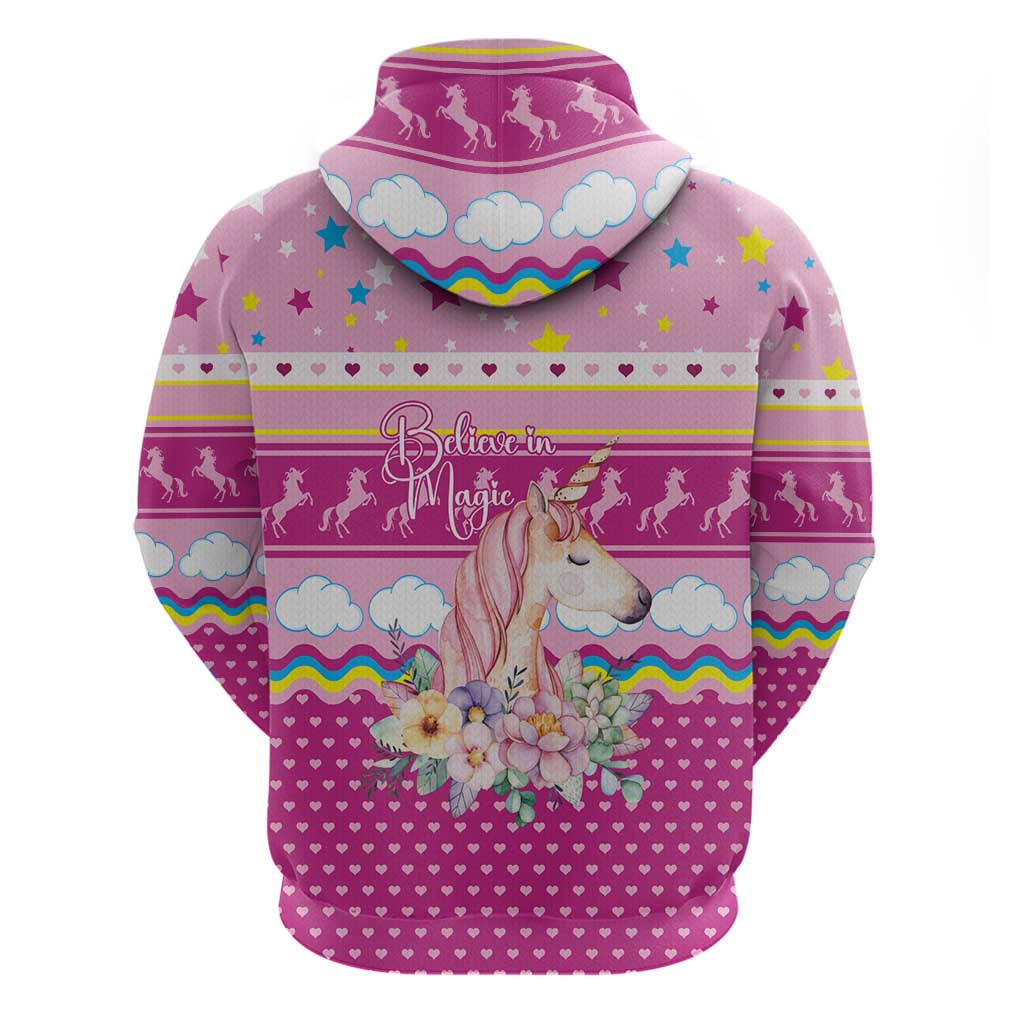 Unicorn Believe In Magic Christmas Hoodie with Believe in Magic Quote Pink Hearts Stars and Rainbow - Wonder Print Shop