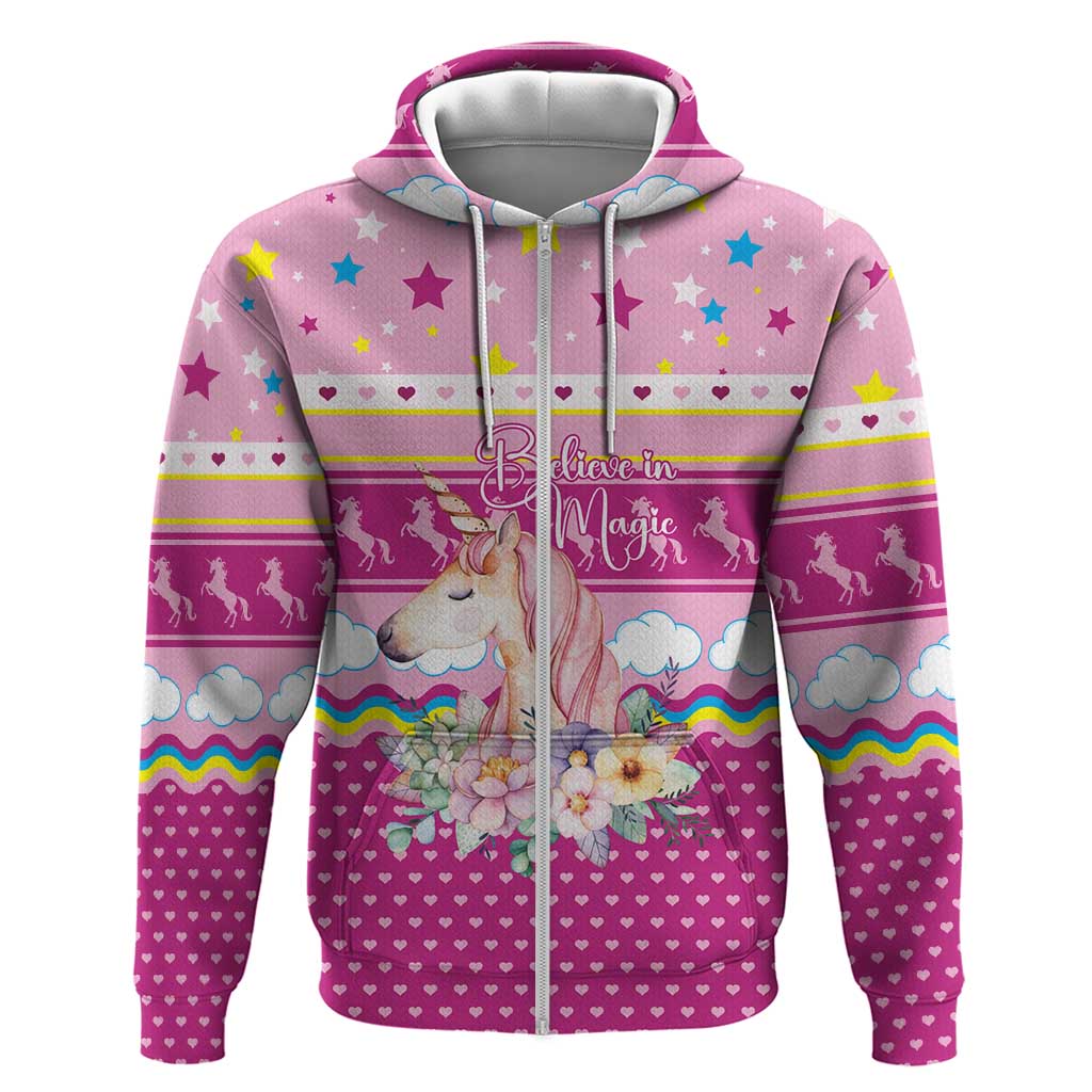 Unicorn Believe In Magic Christmas Hoodie with Believe in Magic Quote Pink Hearts Stars and Rainbow - Wonder Print Shop