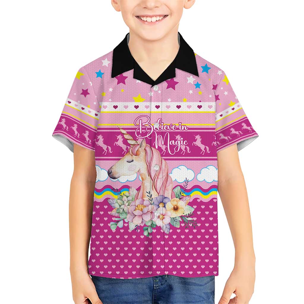 Unicorn Believe In Magic Christmas Kid Hawaiian Shirt with Believe in Magic Quote Pink Hearts Stars and Rainbow - Wonder Print Shop