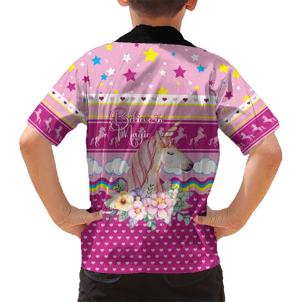 Unicorn Believe In Magic Christmas Kid Hawaiian Shirt with Believe in Magic Quote Pink Hearts Stars and Rainbow - Wonder Print Shop