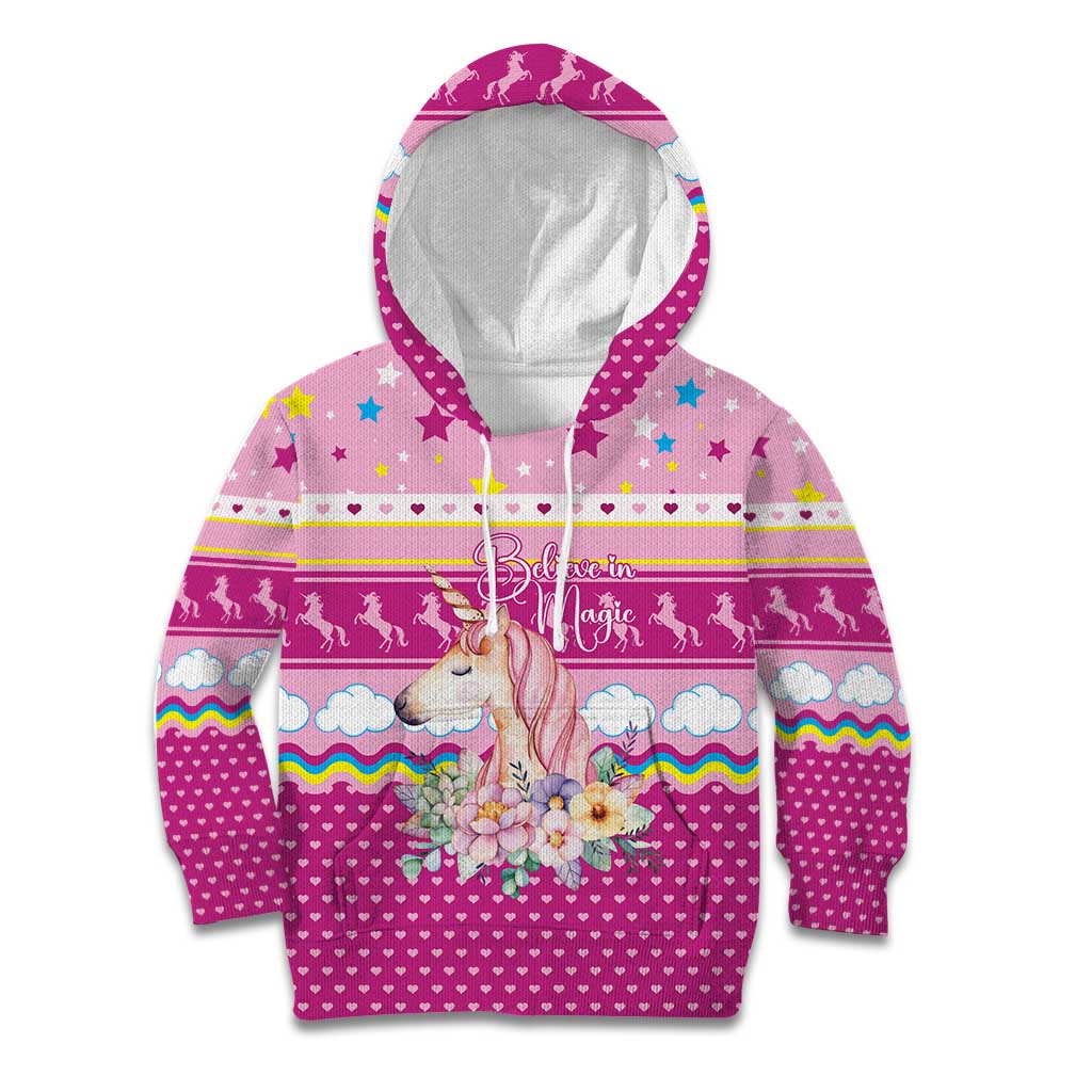 Unicorn Believe In Magic Christmas Kid Hoodie with Believe in Magic Quote Pink Hearts Stars and Rainbow - Wonder Print Shop