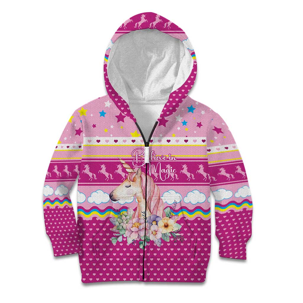 Unicorn Believe In Magic Christmas Kid Hoodie with Believe in Magic Quote Pink Hearts Stars and Rainbow - Wonder Print Shop