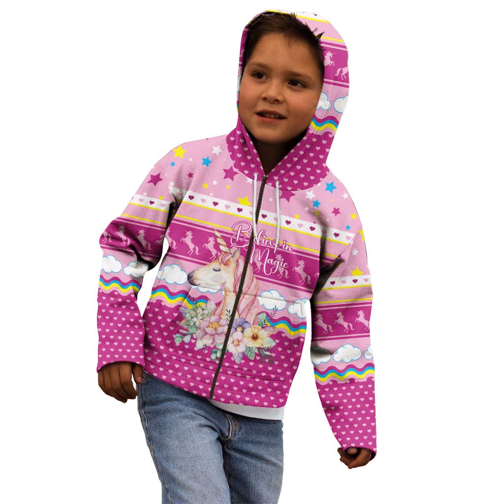 Unicorn Believe In Magic Christmas Kid Hoodie with Believe in Magic Quote Pink Hearts Stars and Rainbow - Wonder Print Shop