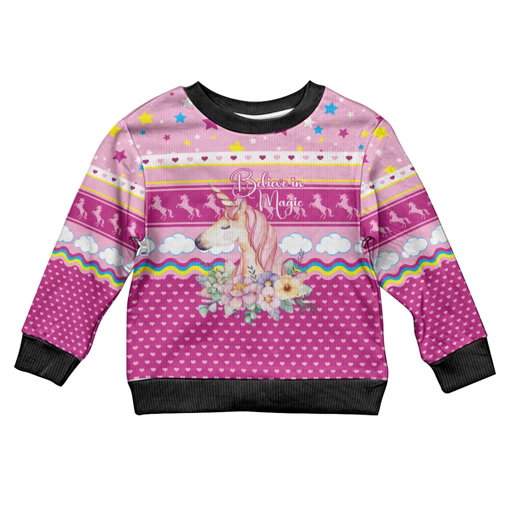 Unicorn Believe In Magic Christmas Kid Ugly Christmas Sweater with Believe in Magic Quote Pink Hearts Stars and Rainbow - Wonder Print Shop